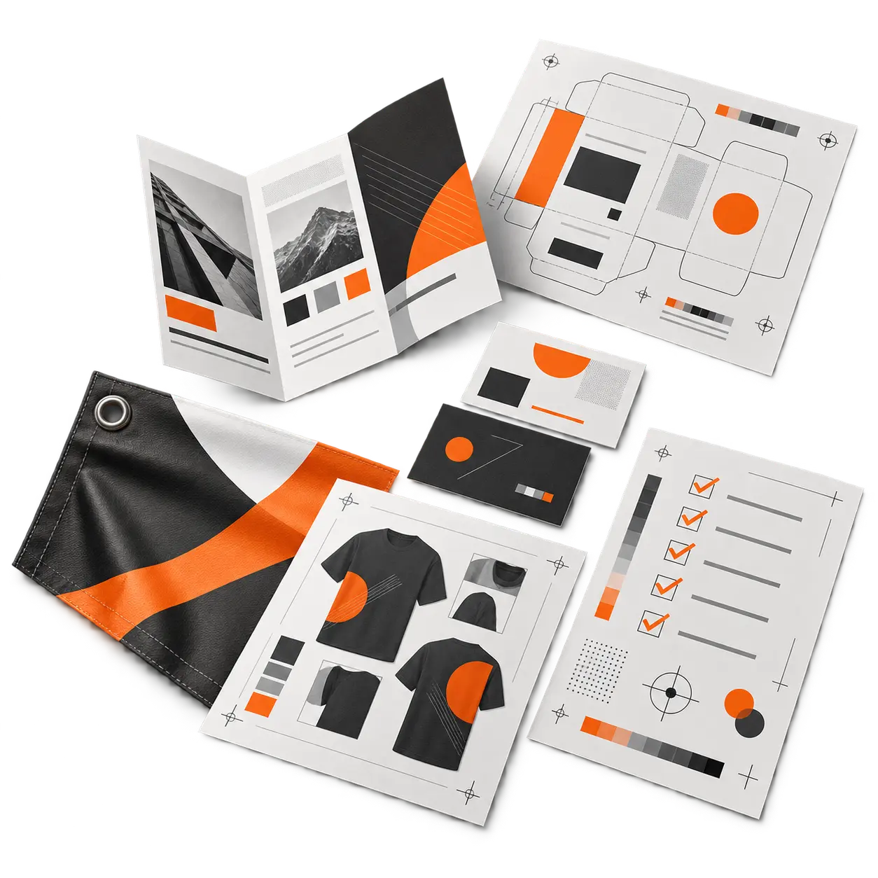 Print artwork, packaging, signage and file preparation arranged as a production-design system